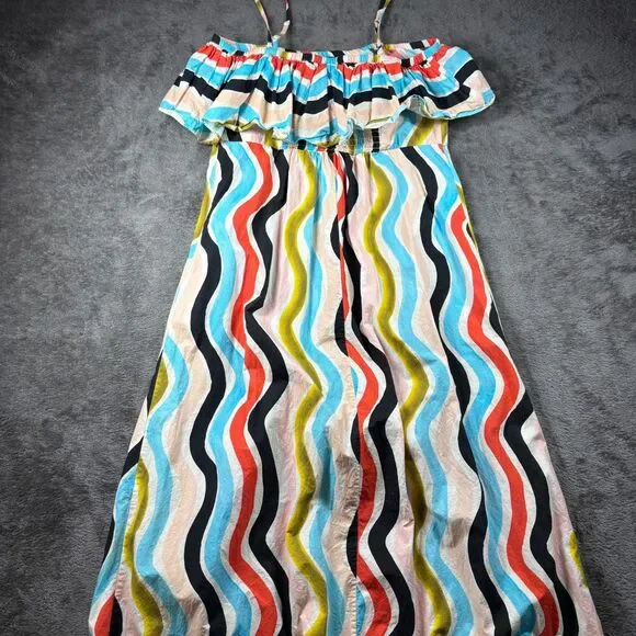 Farm Rio Sleeveless Ruffle Maxi Dress Wave Stripe Colorful Smocked Medium L200 - Picture 4 of 12